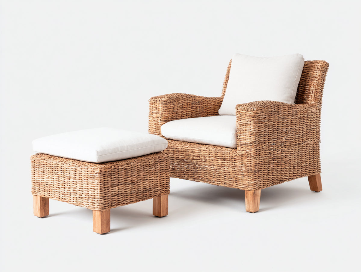 Sillones de ratán con reposapiés 86x82x78 cm - marrón natural-blanco - diseño tejido para terraza y jardín