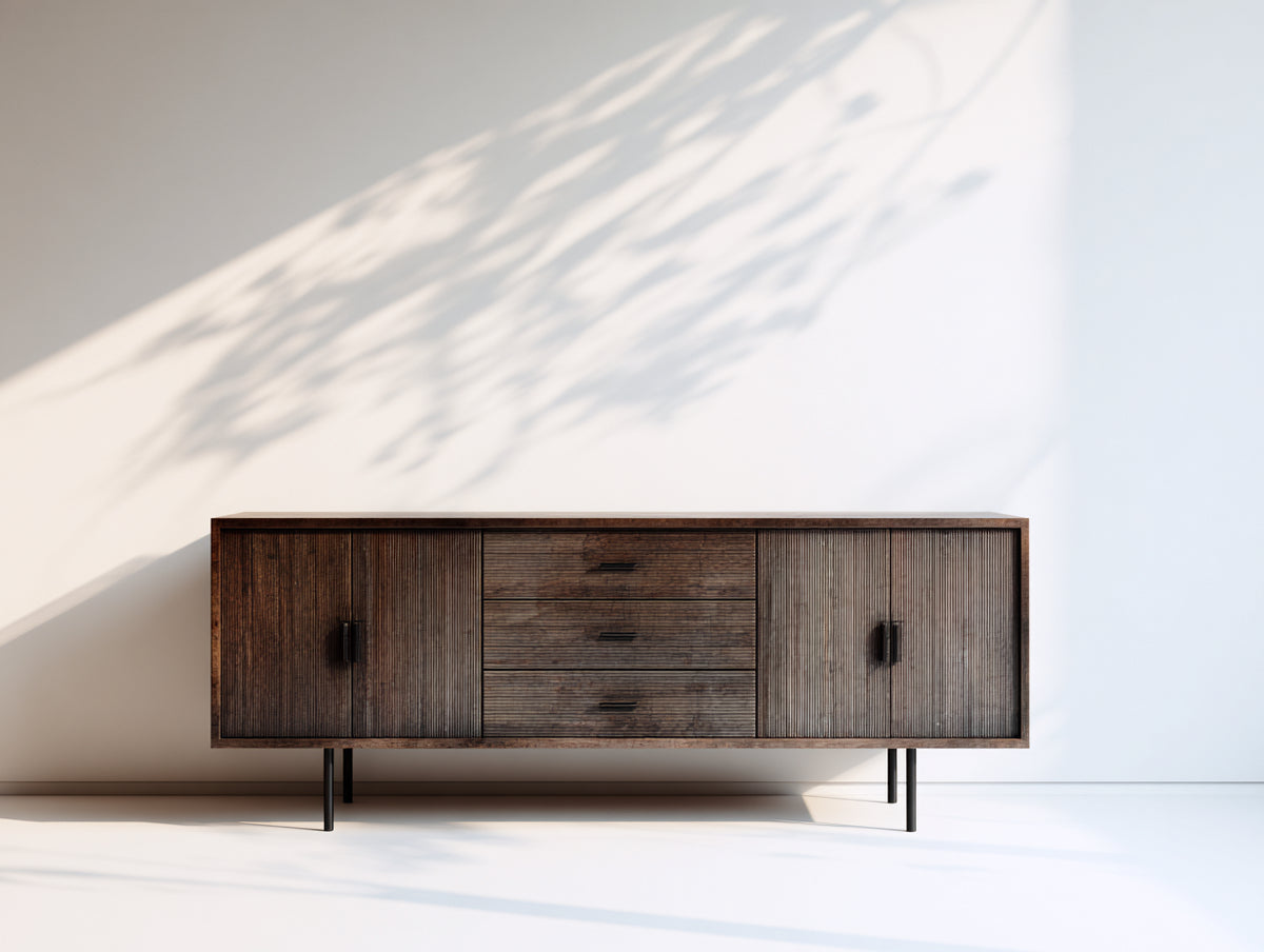 Mueble recibidor de madera y metal 180x40x78 cm - marrón y negro - 4 puertas y 3 cajones