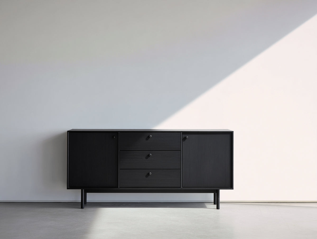 Mueble recibidor de madera de ingeniería negro 150x40x78 cm con 2 puertas y 3 cajones estilo moderno