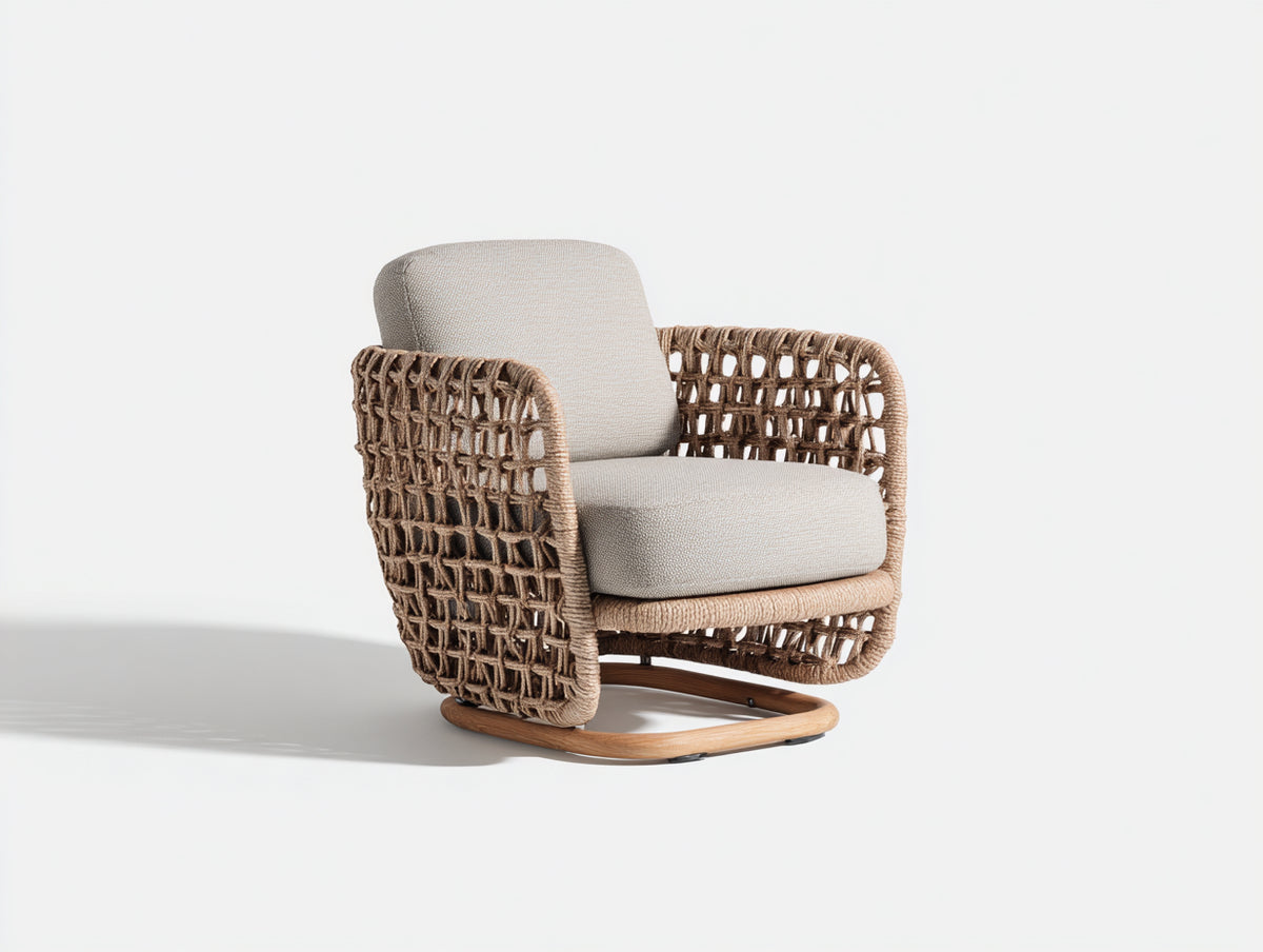 Sillones de ratán con base curva 90x82x78 cm - natural y beige - asiento acolchado para salón