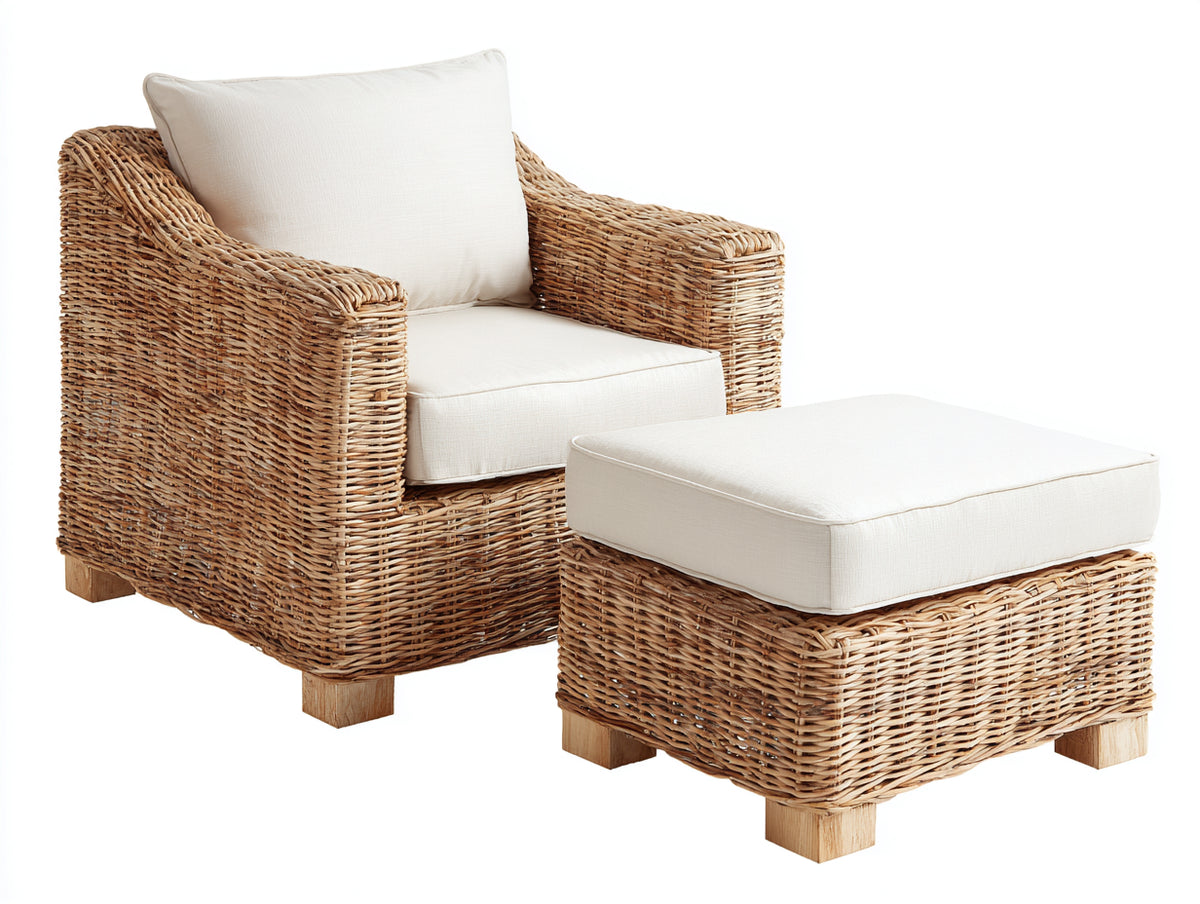 Sillones de ratán con reposapiés 105x88x82 cm - natural y beige - asiento amplio para salón