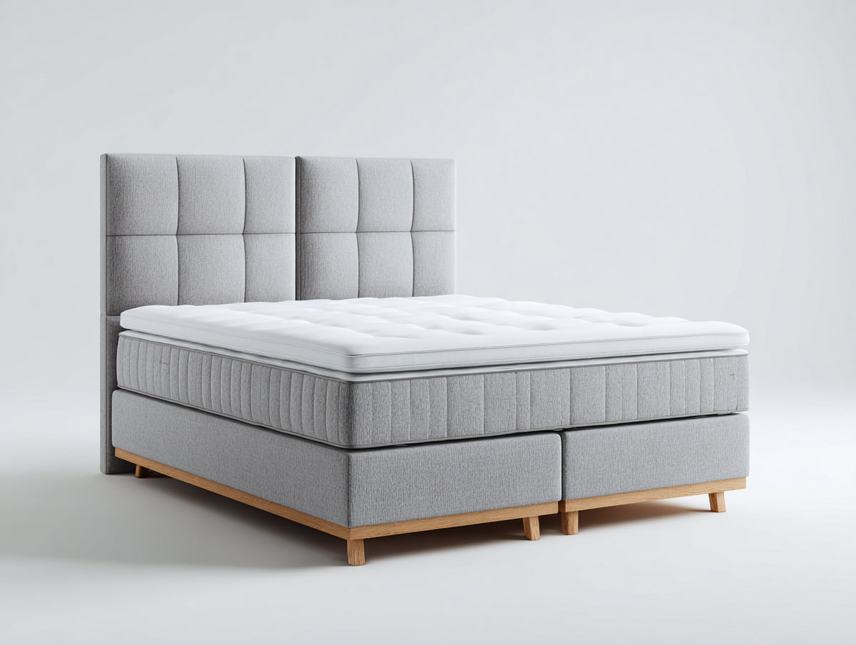 Camas dobles tapizadas 215x180x115 cm - gris claro-madera natural - cabecero acolchado para dormitorio