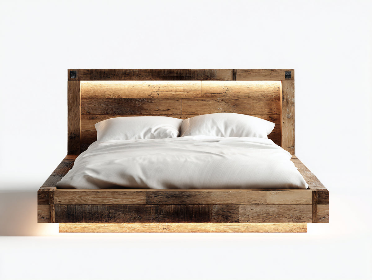 Camas dobles de madera 220x180x125 cm marrón natural con cabecero iluminado para dormitorio estilo rústico