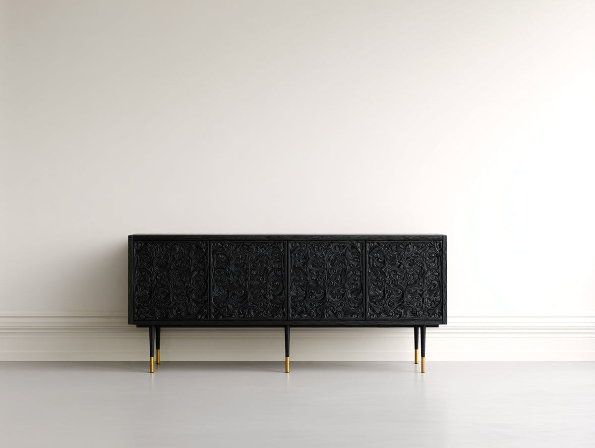 Mueble recibidor de madera y metal 180x40x78 cm - negro y dorado - con 4 puertas talladas