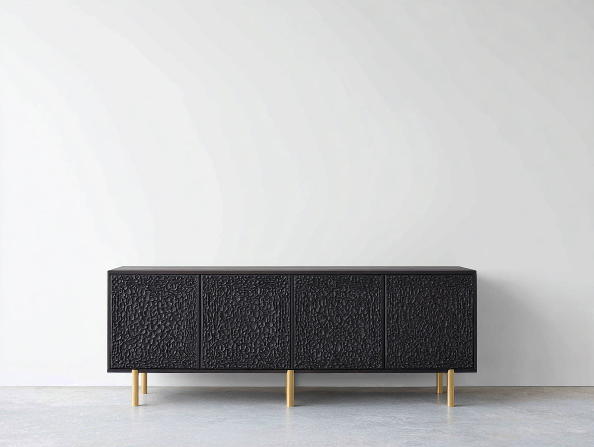 Mueble recibidor de madera procesada 160x40x75 cm - Negro-Dorado - frontal con relieve