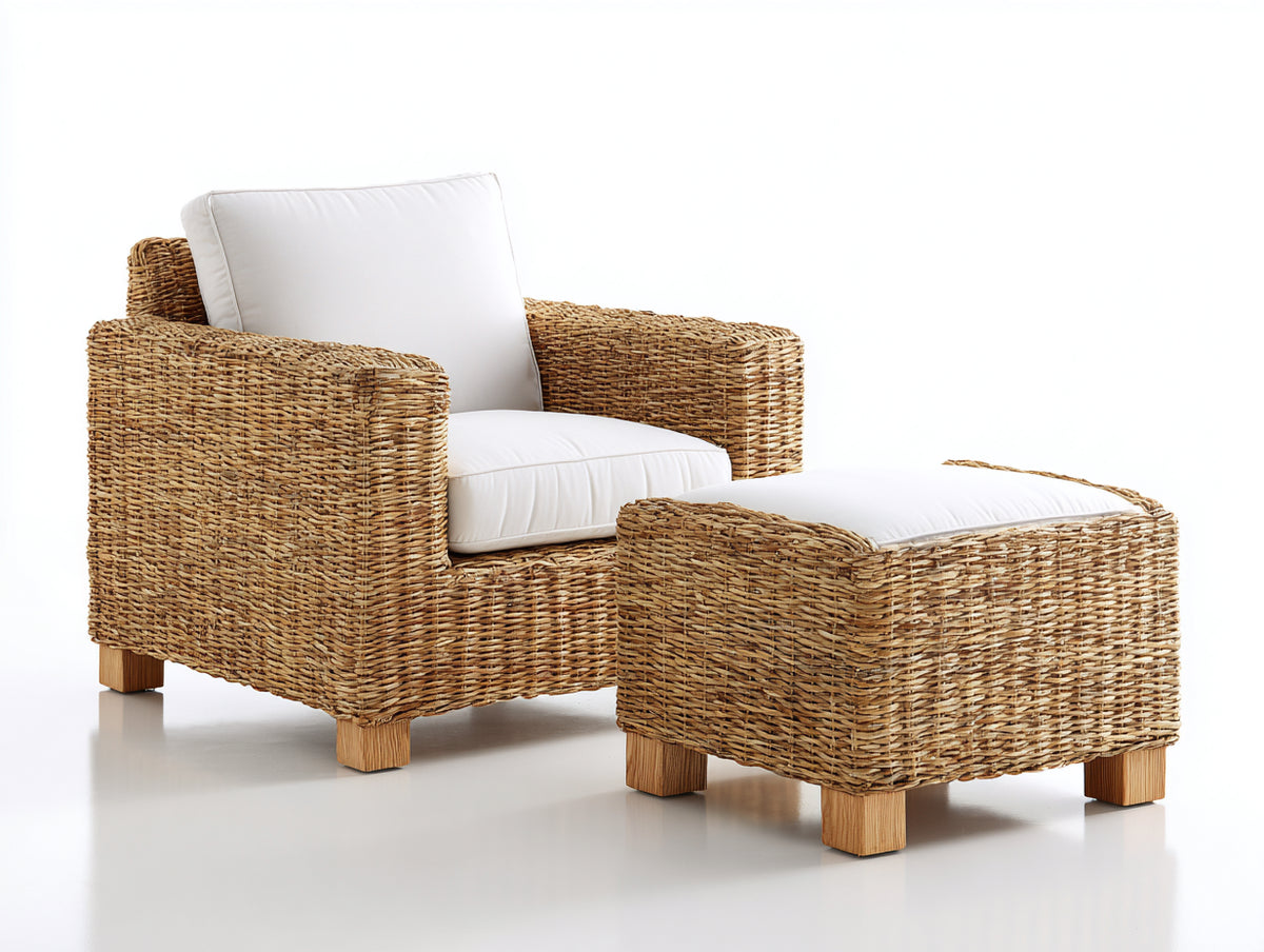 Sillones de ratán sintético trenzado marrón natural 90x86x90 cm para jardín y terraza con reposapiés acolchado estilo clásico