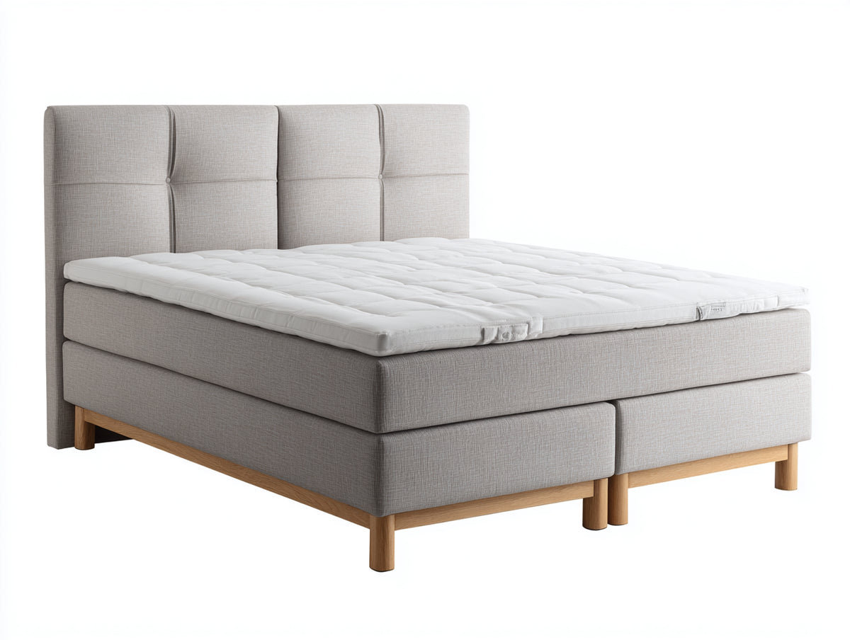 Camas dobles tapizadas 200x160x110 cm - gris beige y madera natural - cabecero acolchado