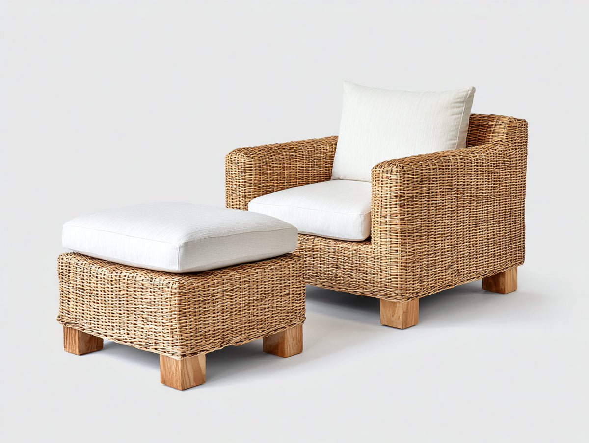 Sillones de ratán con reposapiés 88x82x78 cm - marrón natural-blanco - diseño tejido para terraza y jardín
