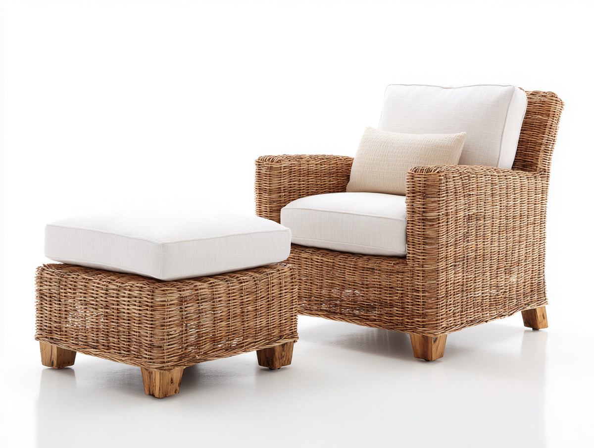 Sillones de ratán natural 90x85x82 cm - natural blanco y madera natural - con reposapiés