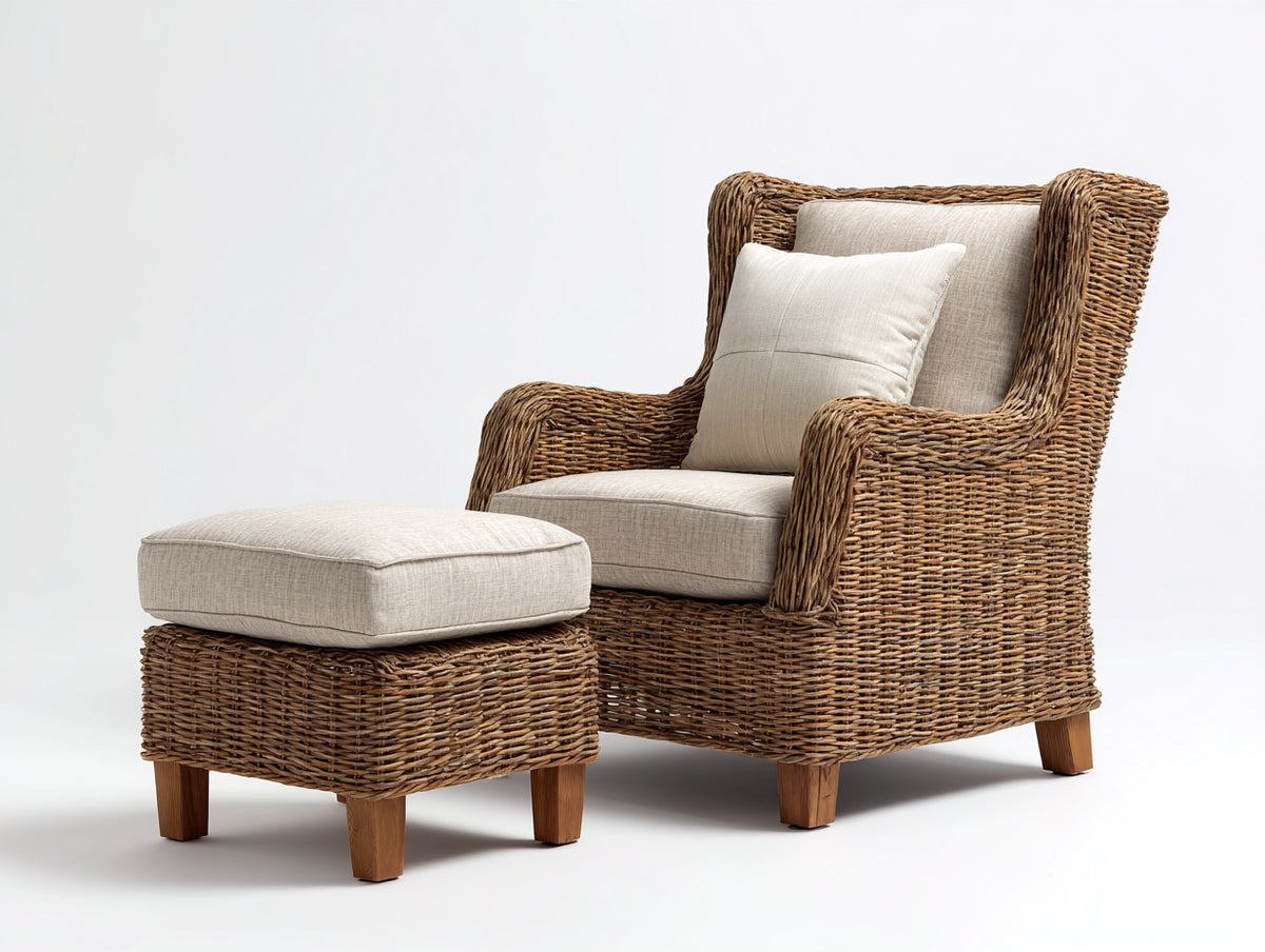 Sillones de ratán con reposapiés 100x90x110 cm - natural y beige - respaldo alto para salón