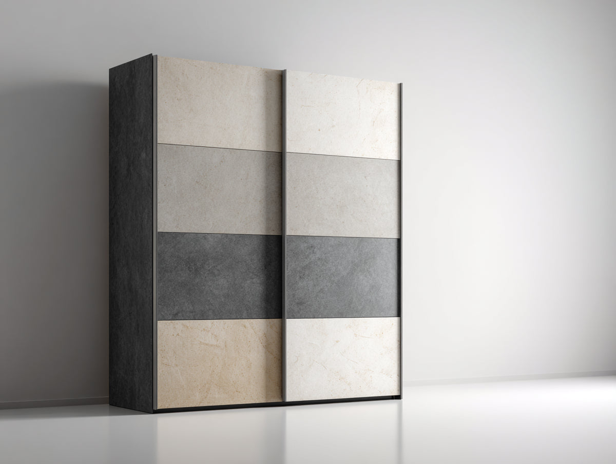 Armarios con 2 puertas correderas 200x60x220 cm - beige-gris-negro - acabado efecto piedra para dormitorio
