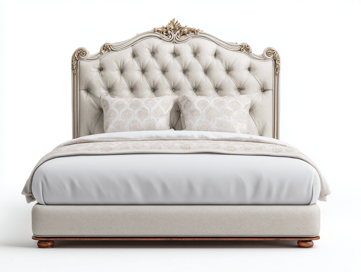 Camas dobles tapizadas 210x180x145 cm - beige madera oscura y dorado - cabecero capitoné clásico