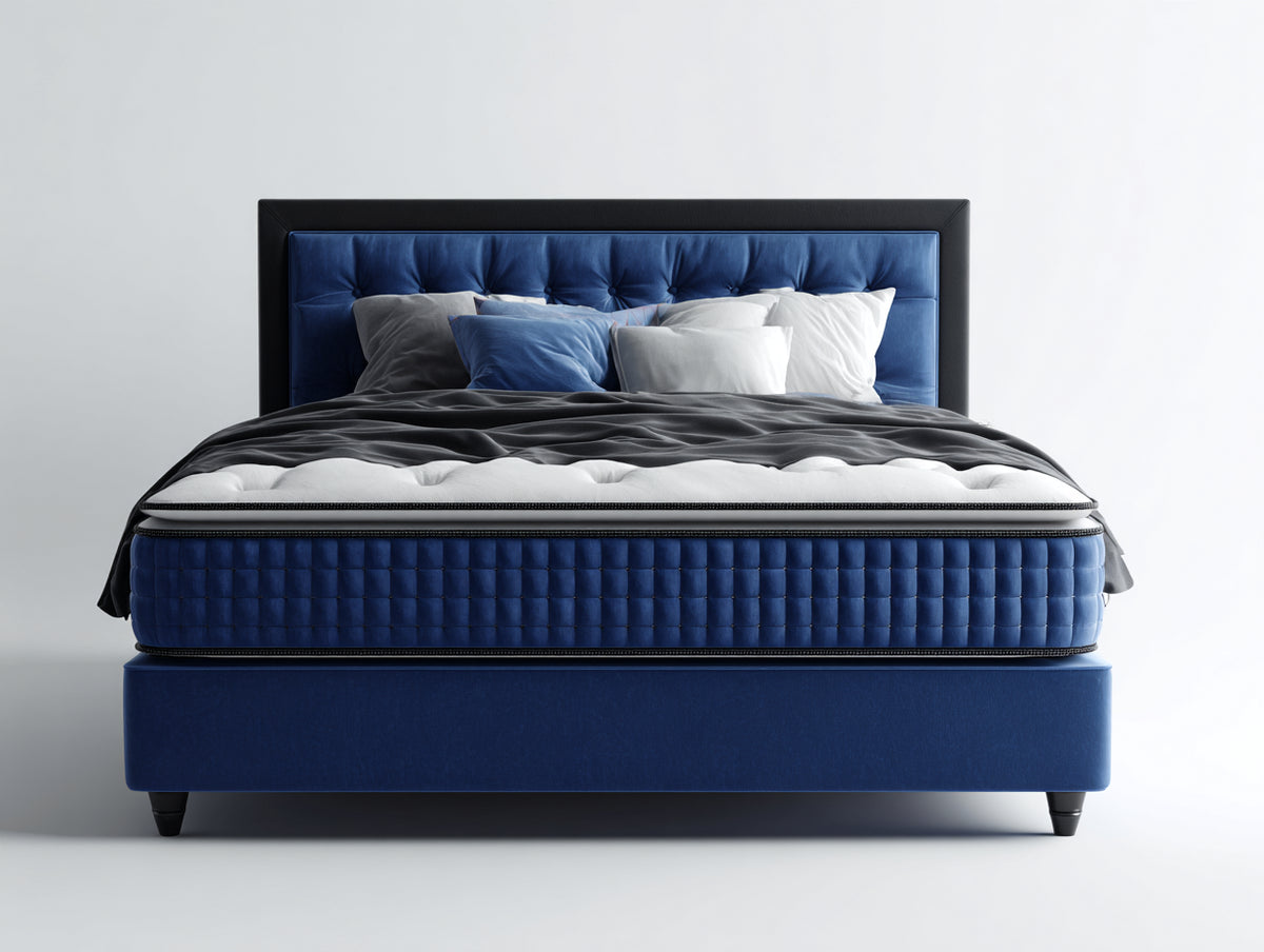 Camas dobles - cama tapizada en tejido aterciopelado azul marino 210x170x120 cm para dormitorio con cabecero capitoné moderno