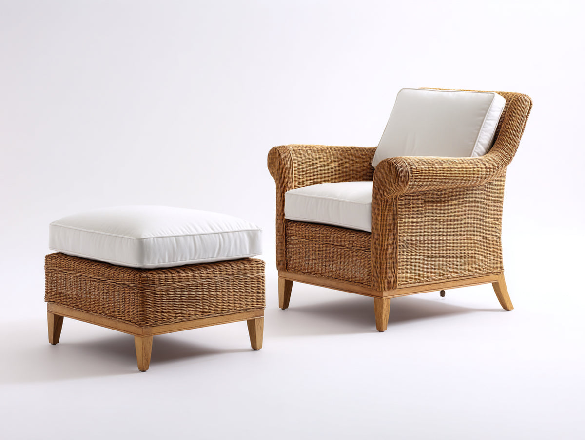 Sillones de ratán sintético marrón miel 83x86x94 cm para jardín y terraza con reposapiés acolchado estilo clásico