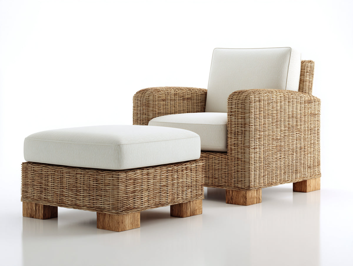 Sillones de ratán natural 88x84x82 cm - natural blanco y madera natural - con reposapiés