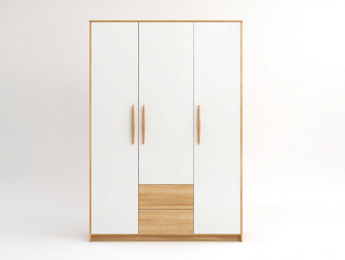 Armarios de madera con 3 puertas y 2 cajones 150x55x205 cm - blanco-madera natural - diseño moderno para dormitorio