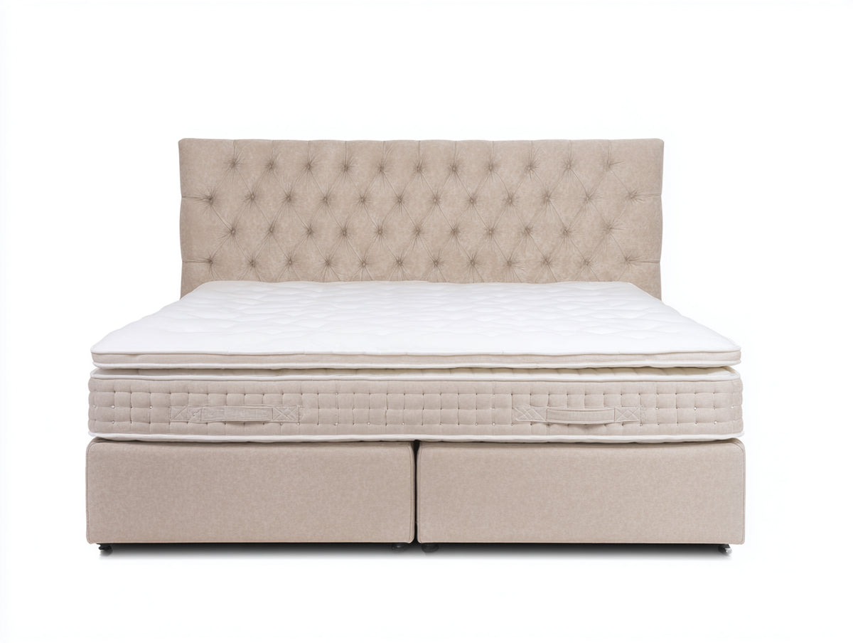 Camas dobles tapizadas de tela 210x180x118 cm - beige y blanco - con colchón para dormitorio