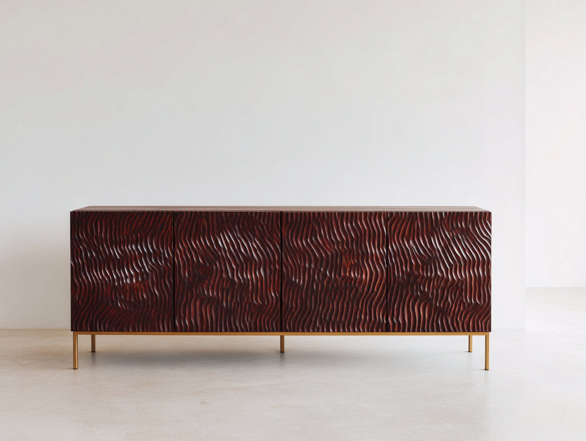 Mueble recibidor de madera de ingeniería marrón rojizo 180x42x78 cm con 4 puertas y frentes texturizados estilo moderno