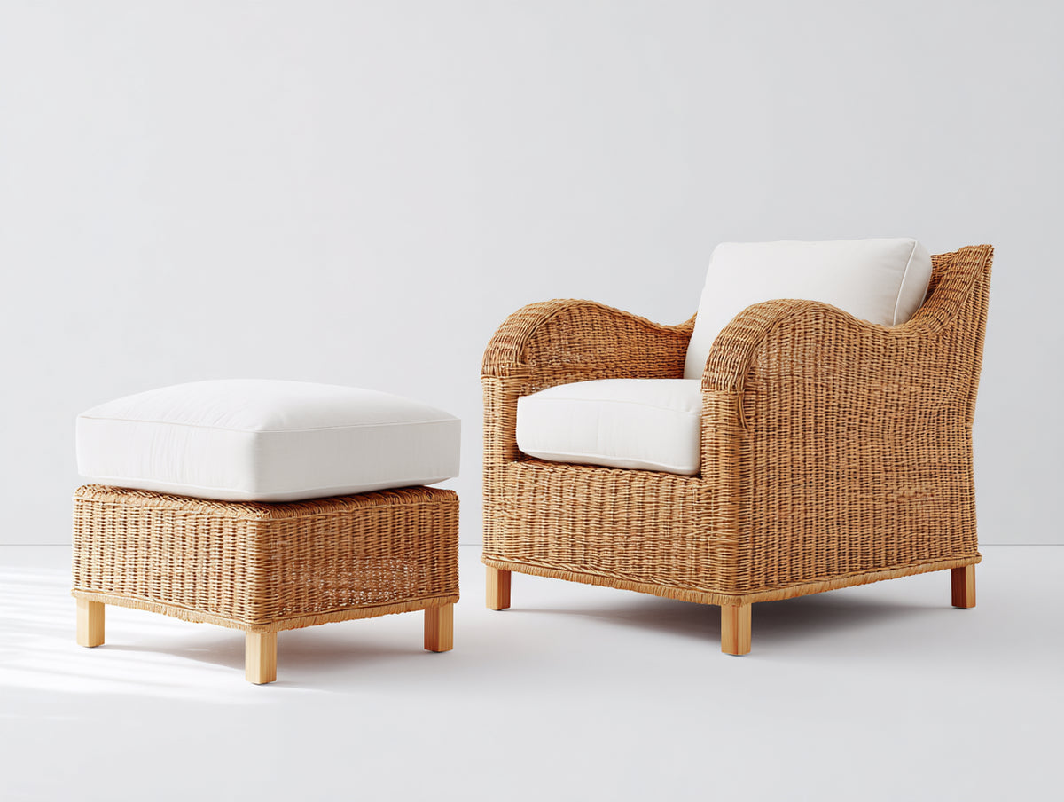 Sillones de ratán natural 85x80x90 cm - Natural-Blanco - con reposapiés a juego