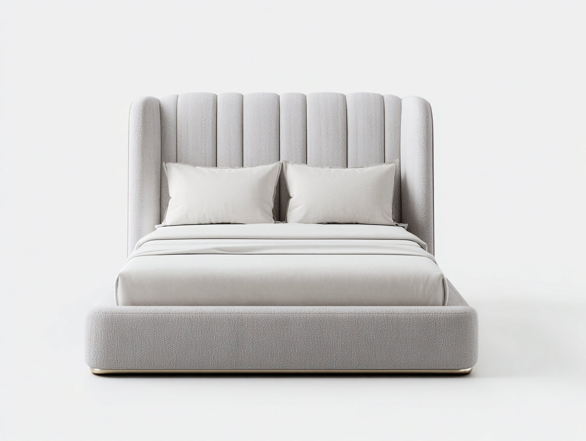 Camas dobles tapizadas en tejido texturizado blanco roto 215x180x135 cm para dormitorio con cabecero envolvente moderno